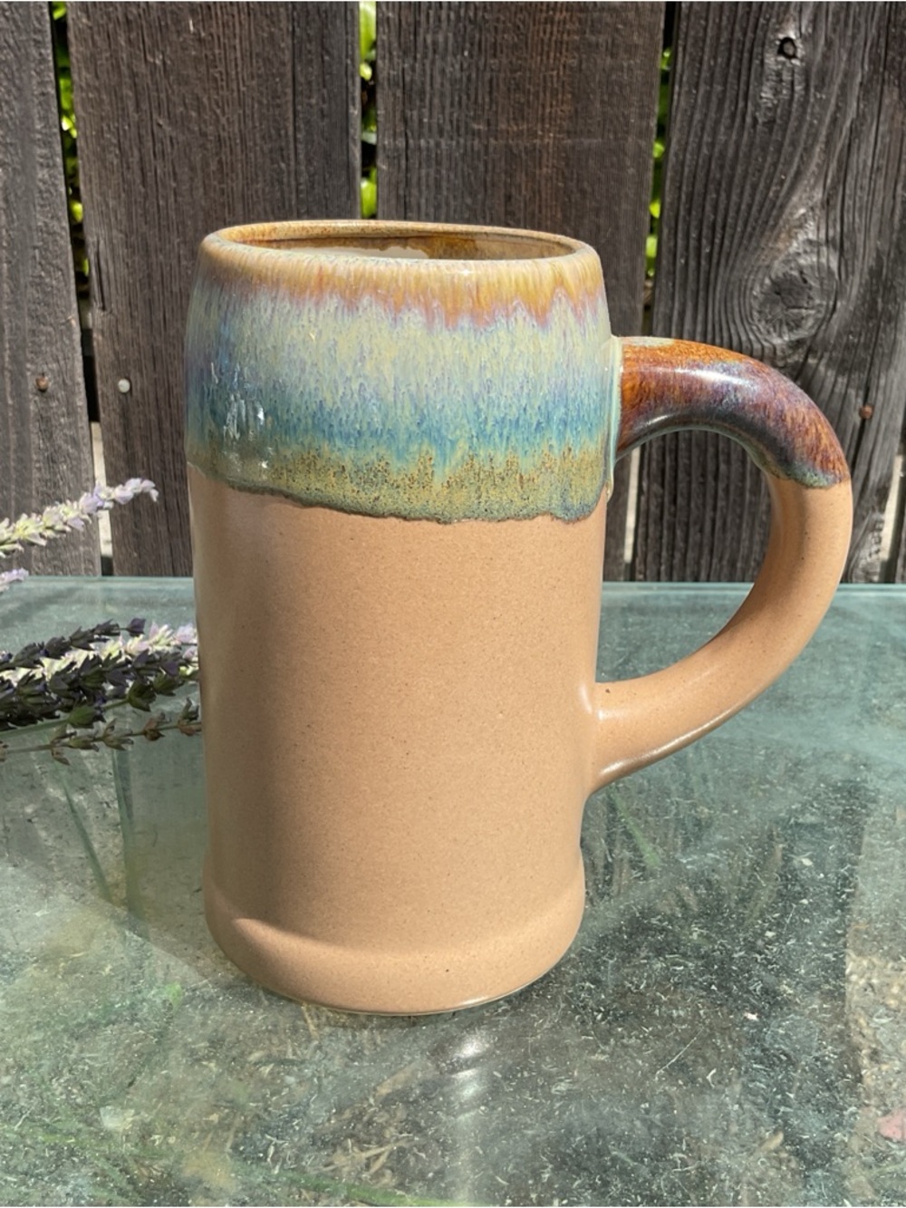 Padilla Signed Ceramic Art Pottery Mug Stein Tan Blue Drip Glaze 24oz